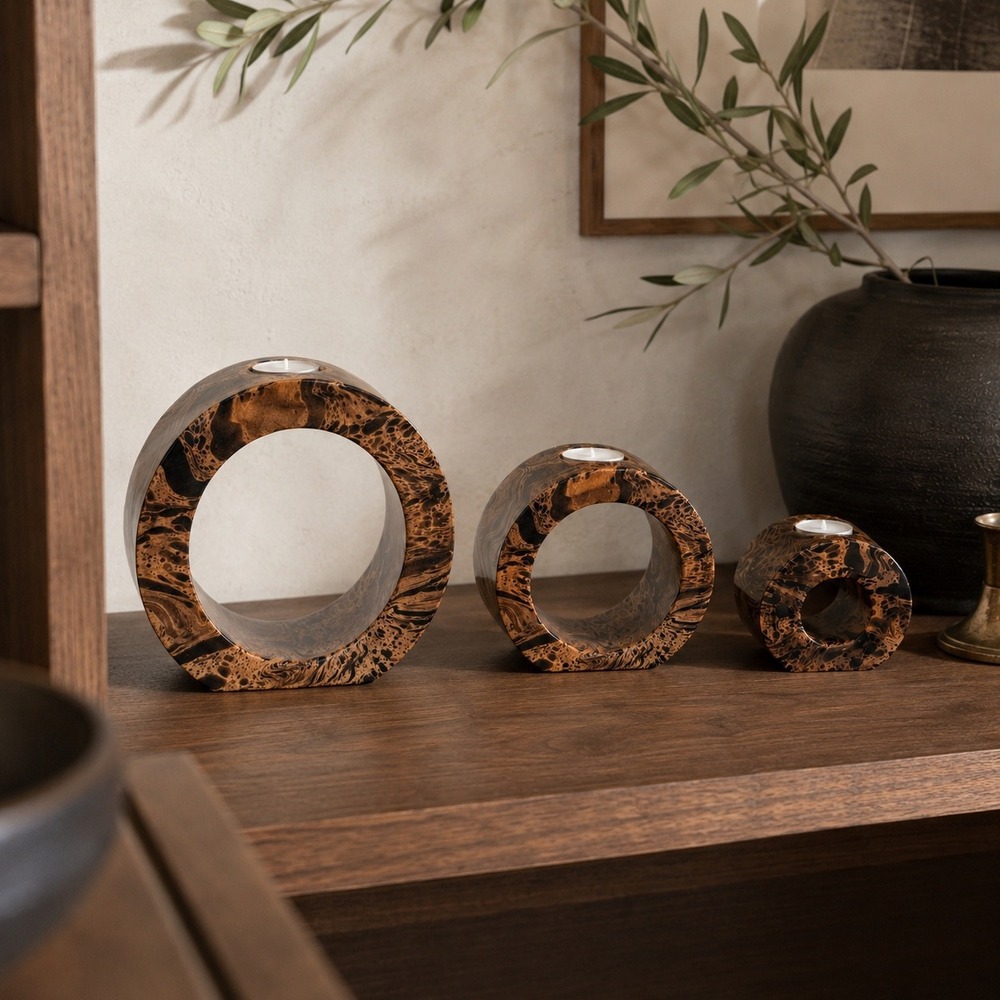 Vintage‎ Postmodern Burl Wood Style Candle Holder Set, 1980s